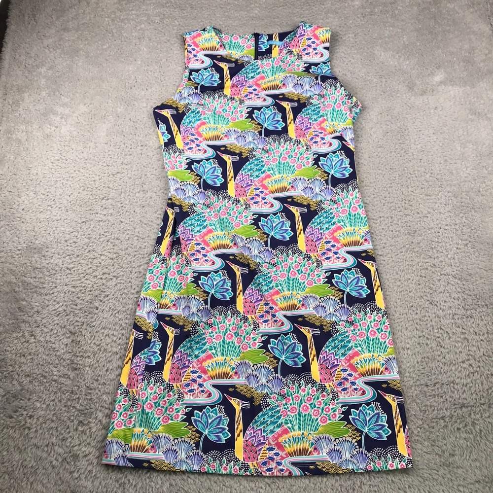 J Mclaughlin Sophia Dress Womens L Navy Peacock Print Stretch Sheath NEW NWT